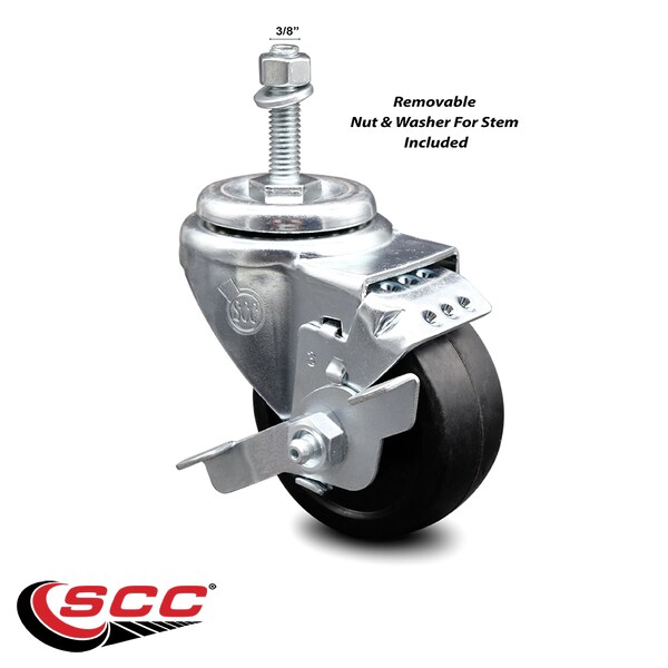 3 Inch Soft Rubber Wheel Swivel 3/8 Inch Threaded Stem Caster with Brake SCC